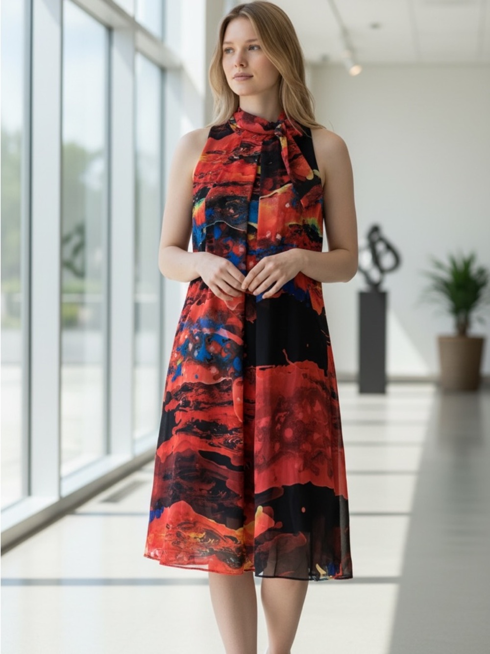 Signature by Robbie Bee Red & Black Abstract Tie-Neck Midi Dress